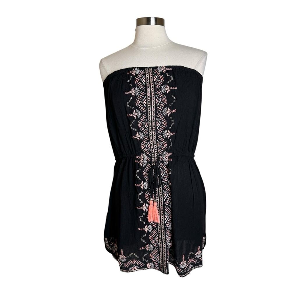 Blue Island Black Embroidered Strapless‎ Mini Dress with Tie Waist Womens XL NEW
